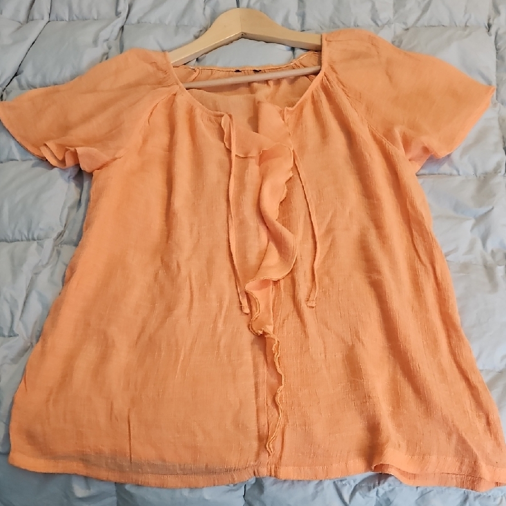 Women's Peach Linen Ruffle Top